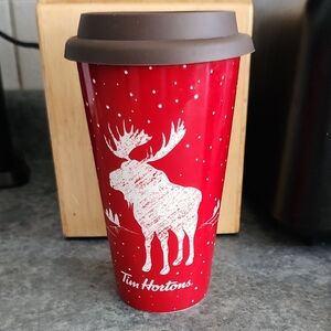 Tim Hortons Red Travel Mug with Moose Design
